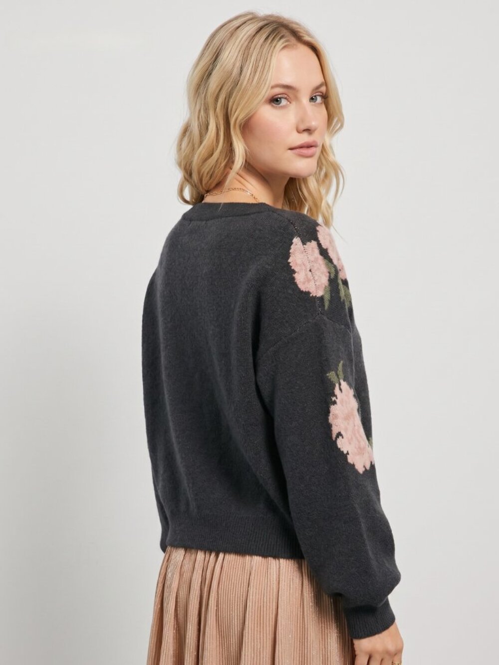 Women's Black Floral Knit Sweater Off Shoulder Boat Neck Pullover Top - Picture 2 of 6